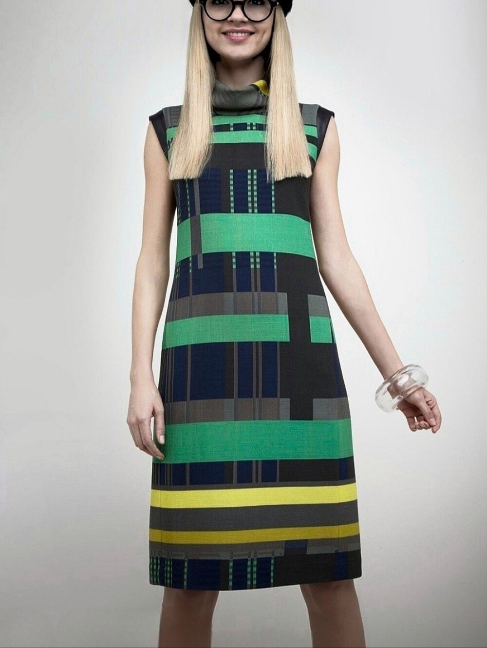 Lafayette 148 Wool Leather Geometric Sleeveless Sheath Dress Sz.14